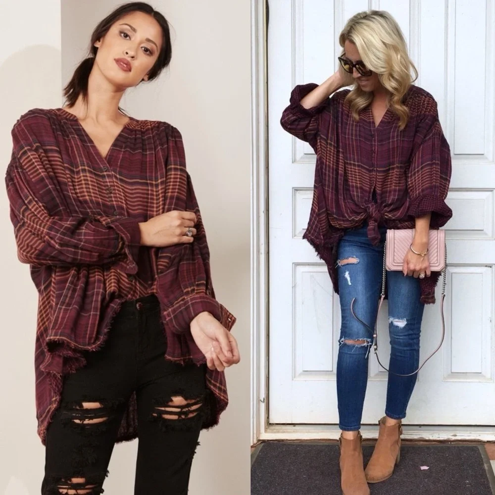Free People Plaid Slouchy Oversized Top - Picture 1 of 11